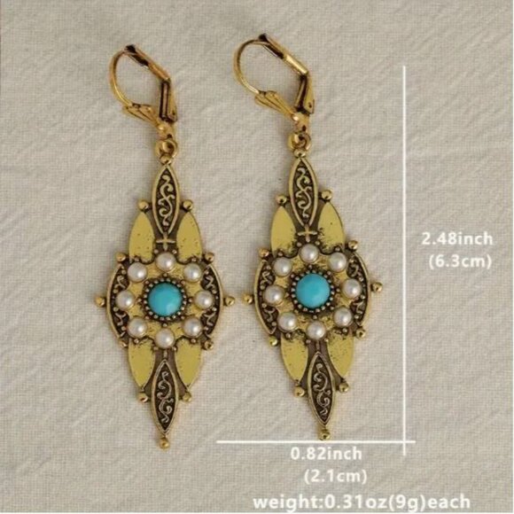 NEW Zelda Art Deco Gold Plated Seed Pearl Turquoise Drop Earrings - Picture 5 of 5